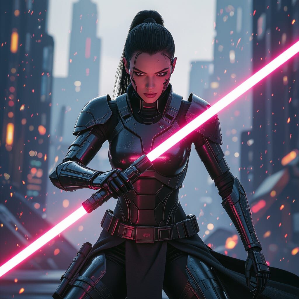 Cyborg Warrior with Lightsaber in Fantasy Concept Art Style