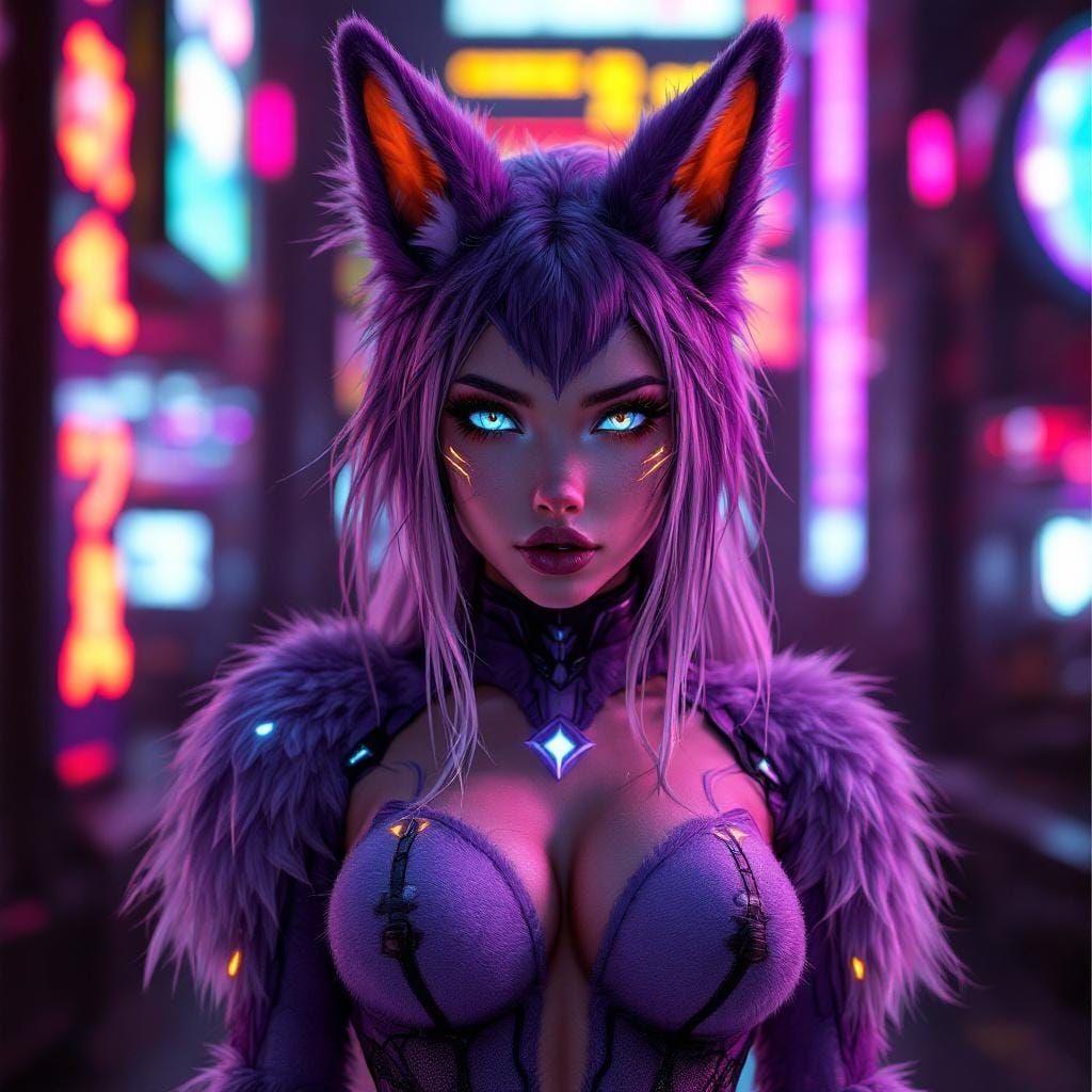 Cyberpunk Fursuit with Rabbit Ears in Neon City
