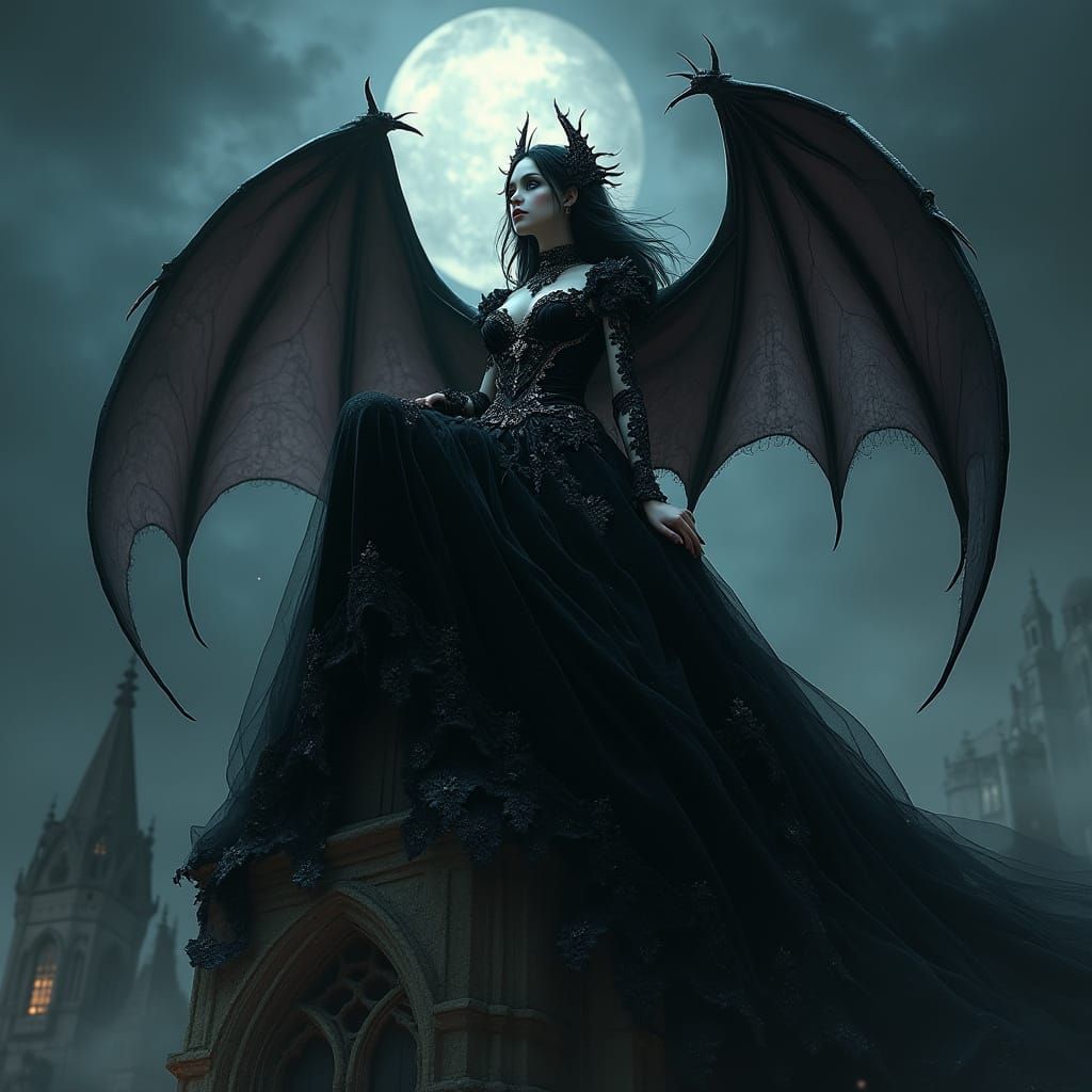 Gothic Vampire Girl with Bat Wings in Anime Style