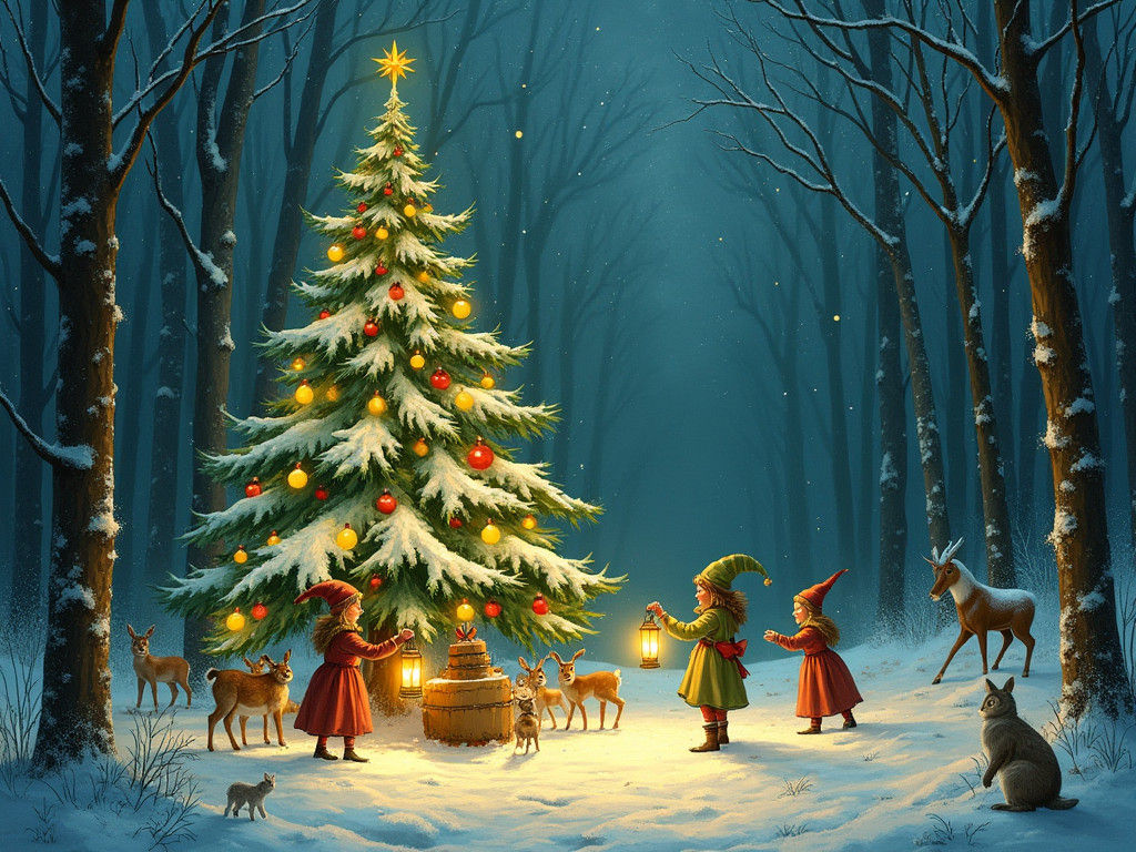 Magical Christmas Eve Forest Scene in Arthur Rackham Style