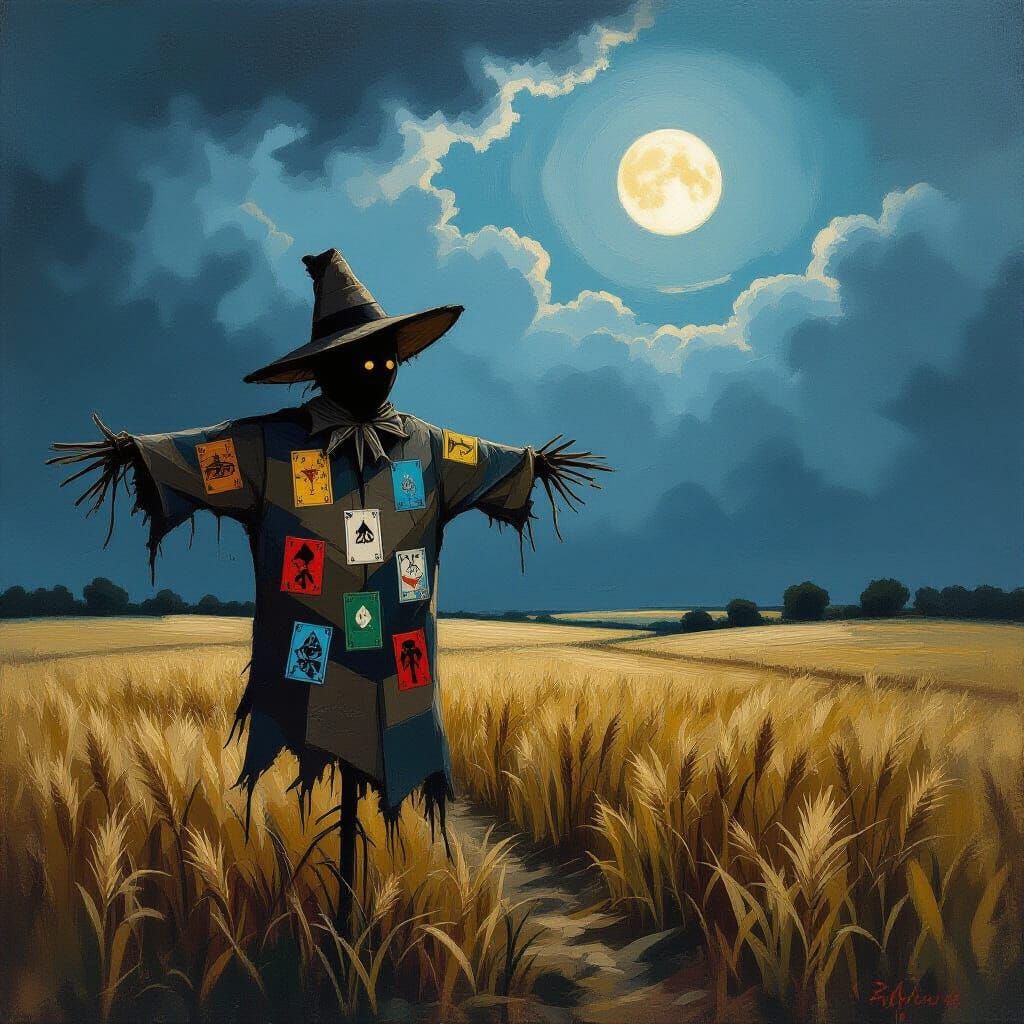 Scarecrow with Tarot Patches Under Stormy Sky