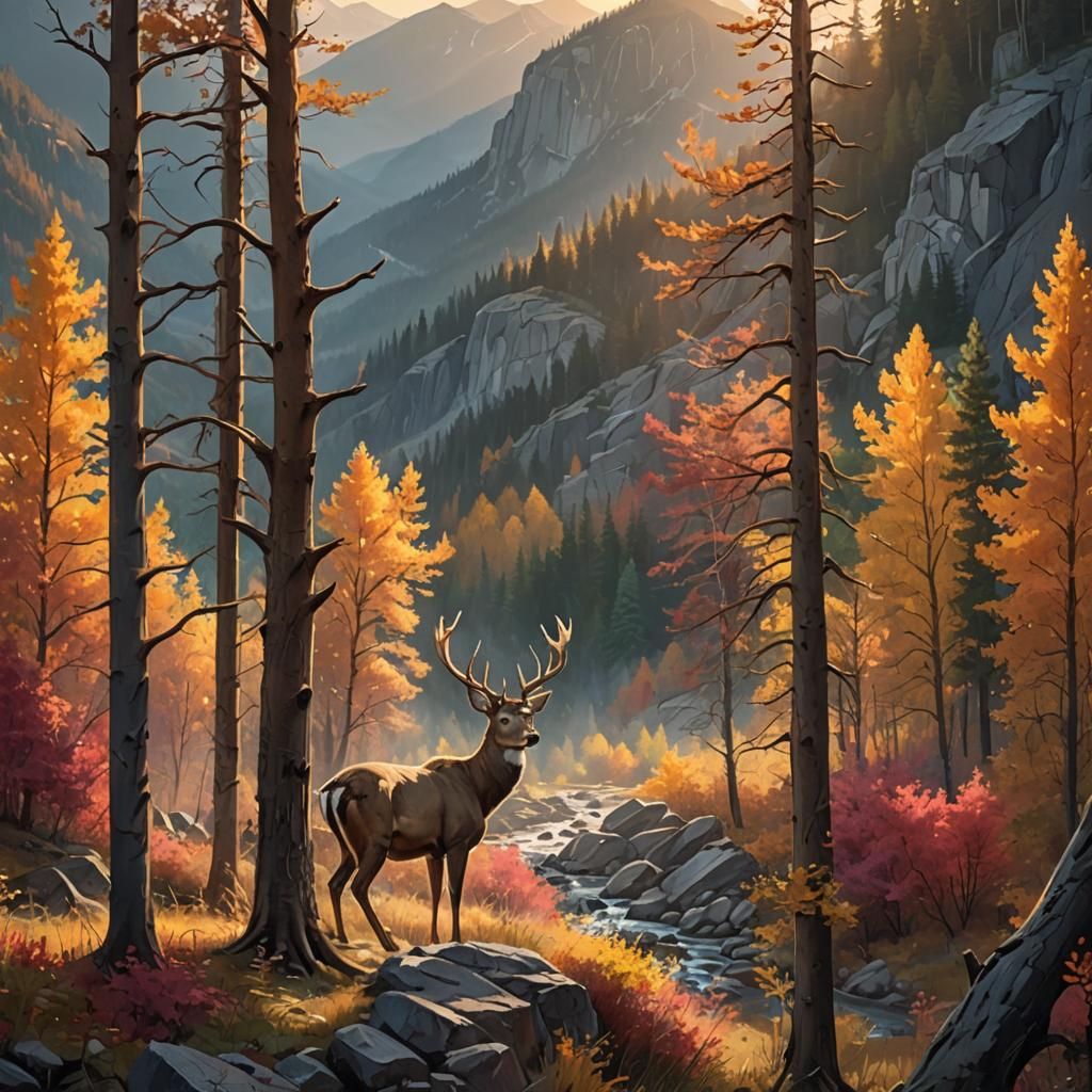 Deer in Autumn Valley: Photorealistic Concept Art