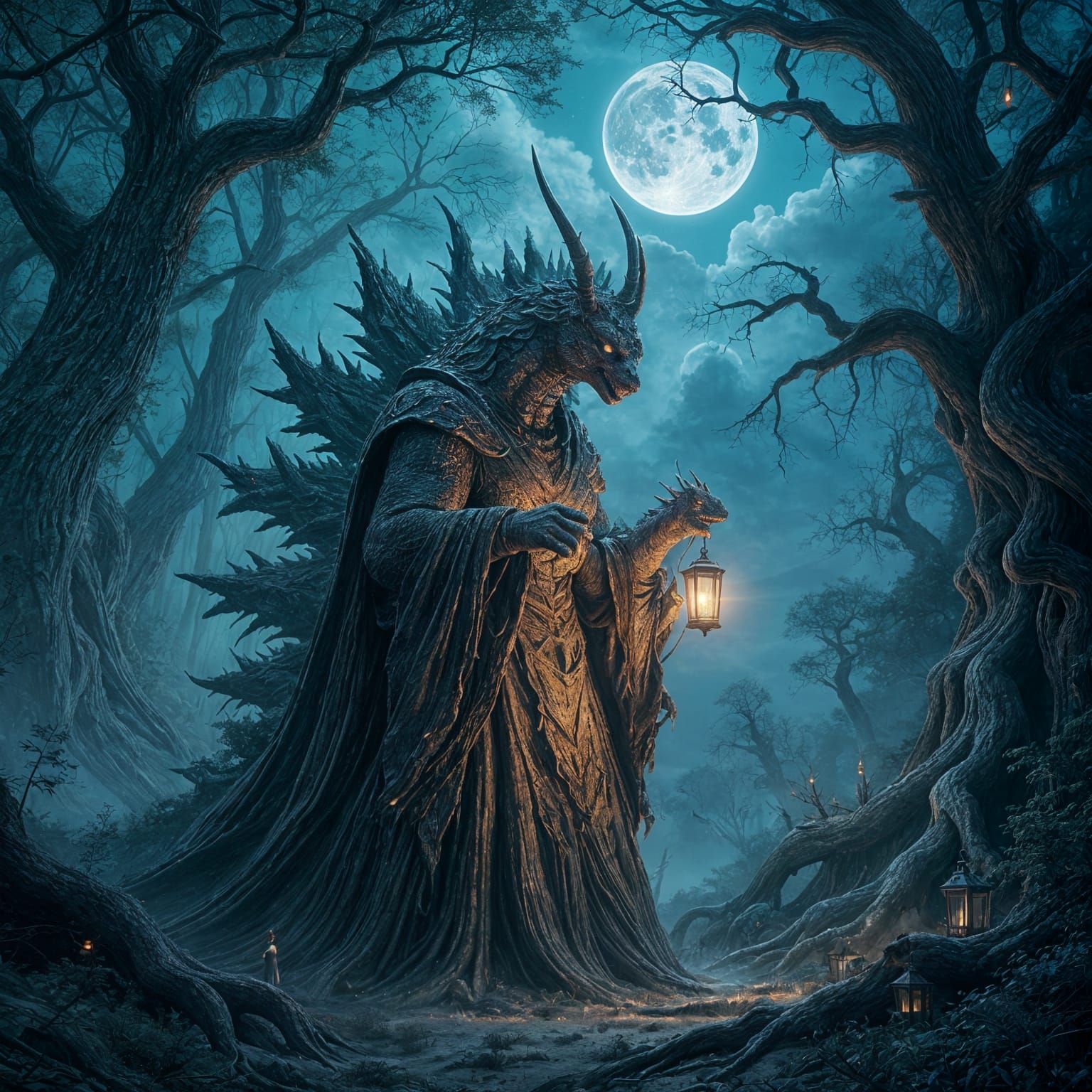 Antlered Giant Godzilla Lights Lanterns in Dark Fantasy Art