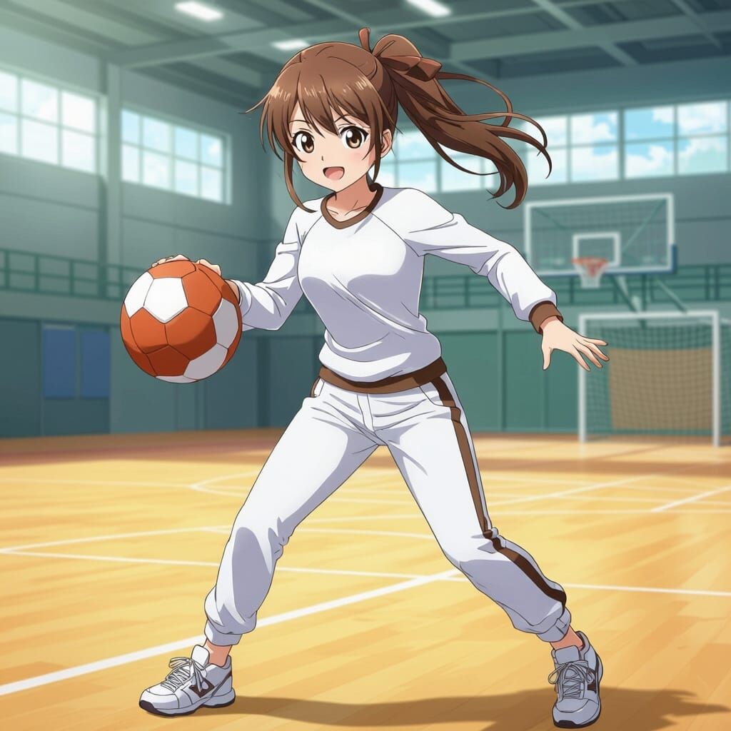 Cute Anime Girl with Handball on Court