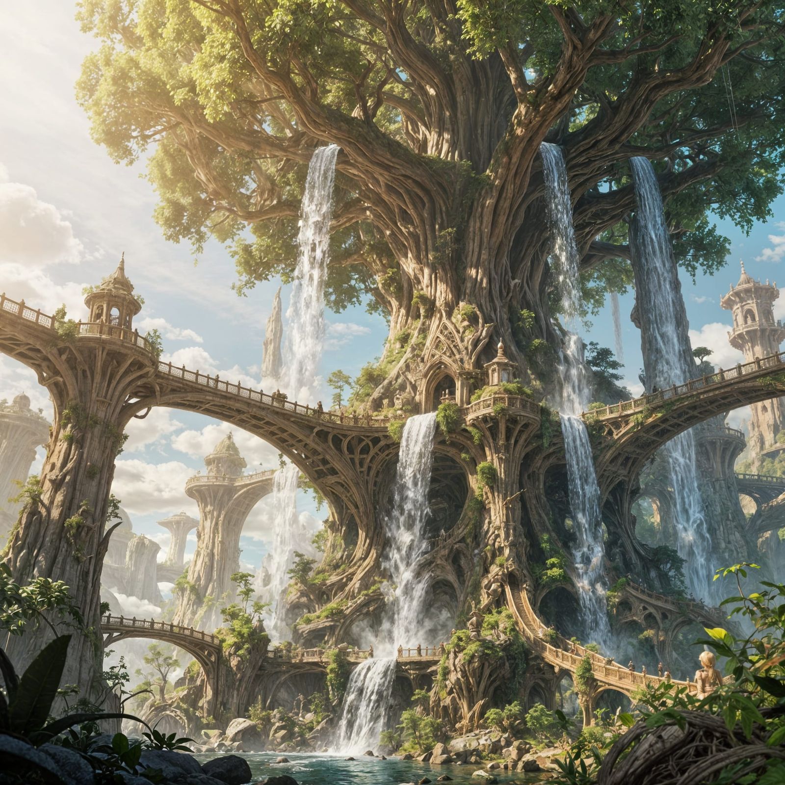 Elven City in Giant Tree, Detailed Concept Art