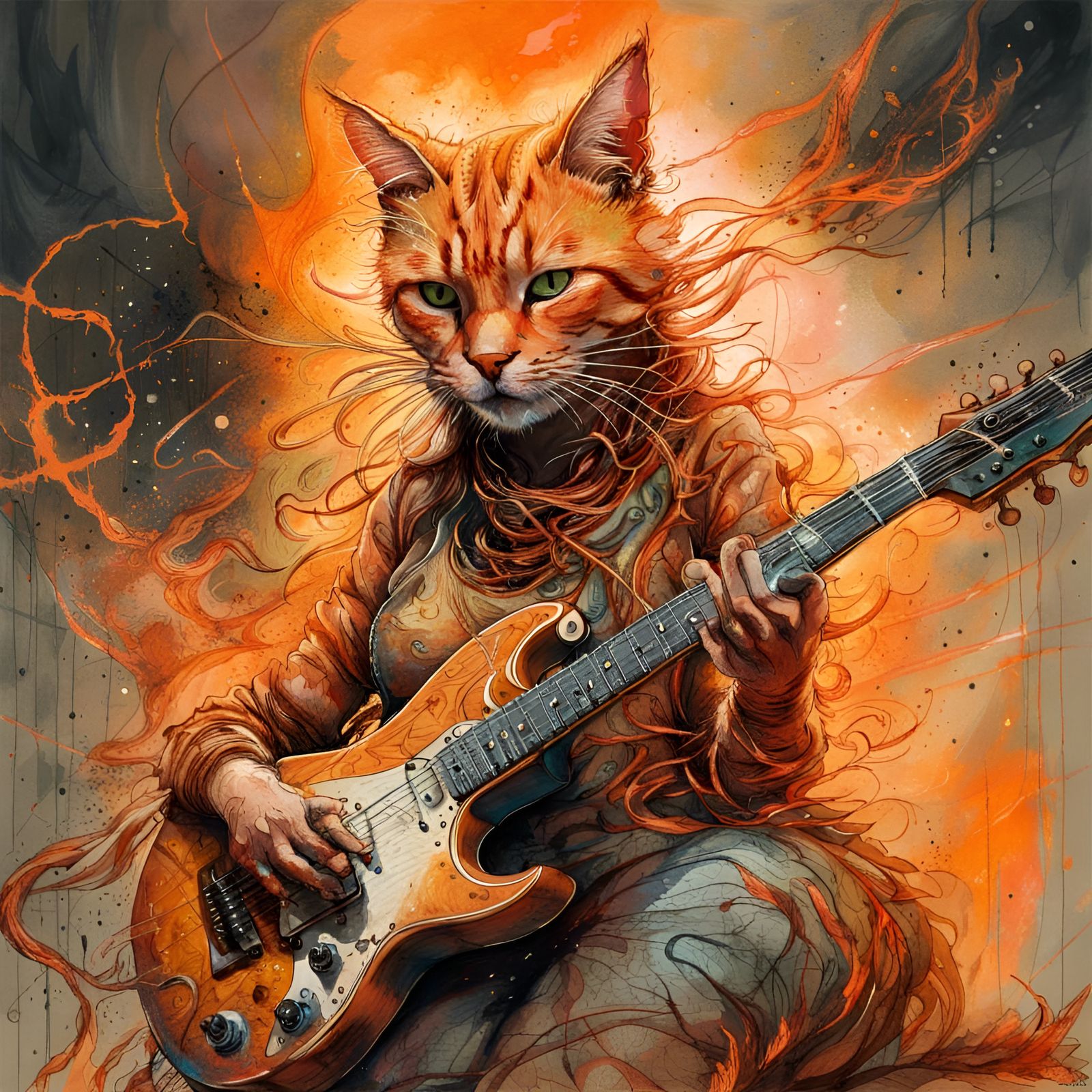 Fiery Anthropomorphic Cat Guitarist in Hyperreal Fantasy