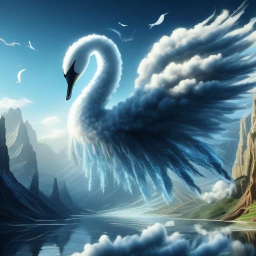 Cloud Swan Soaring Over Snowy Mountain Waterfalls