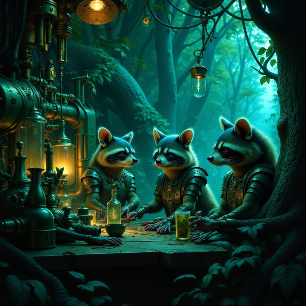 Raccoons Run Secret Speakeasy in Neon Forest