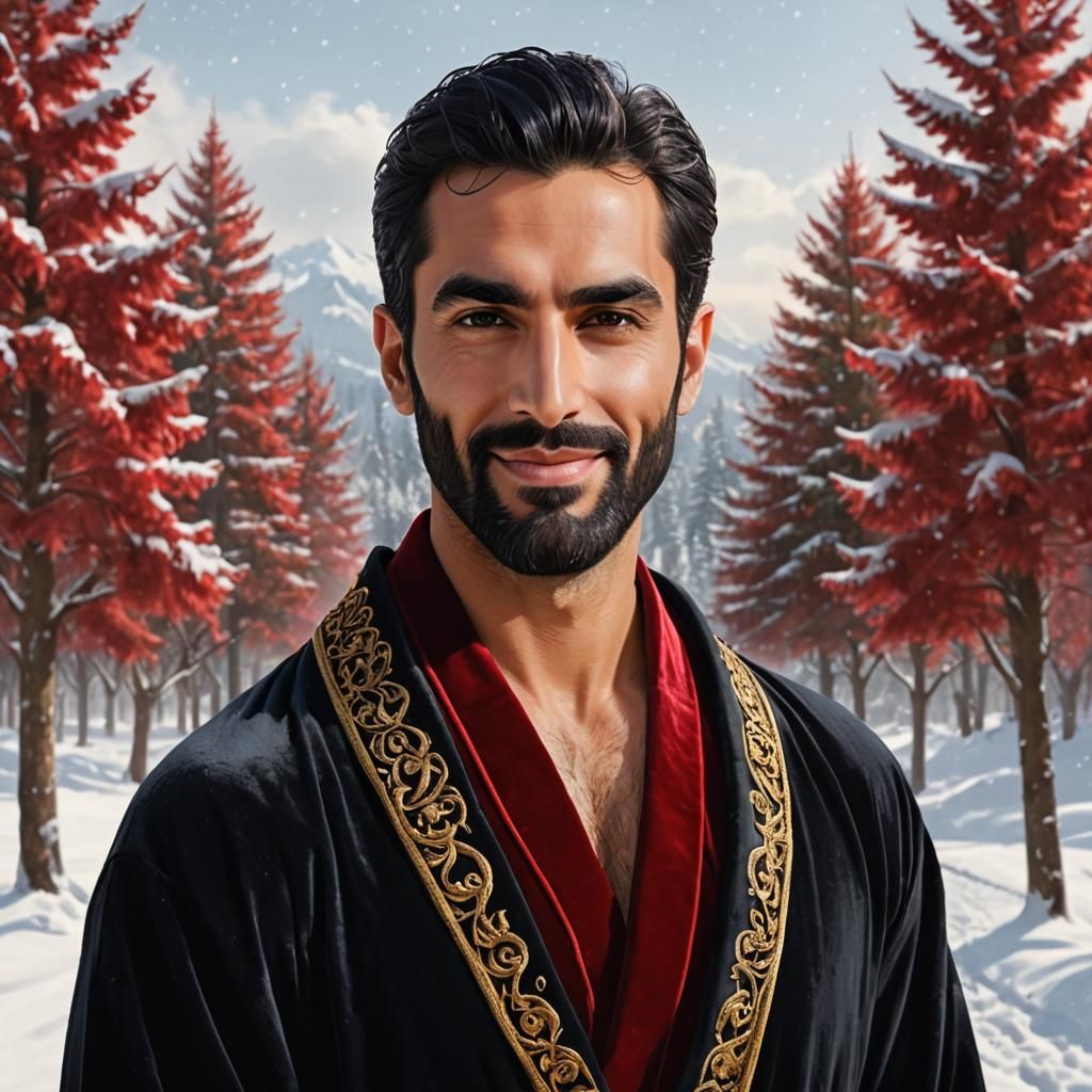 Bearded Man in Winter Forest, Digital Art Portrait