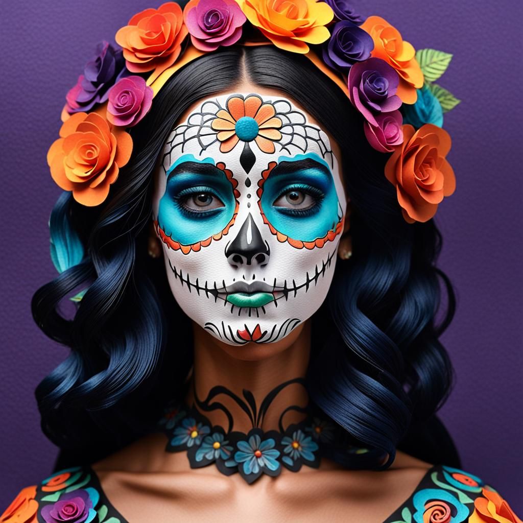 Pop up book, Dia De Muertos, Medium shot of a beautiful woman wearing colorful Día de los Muertos face paint pop up book...
