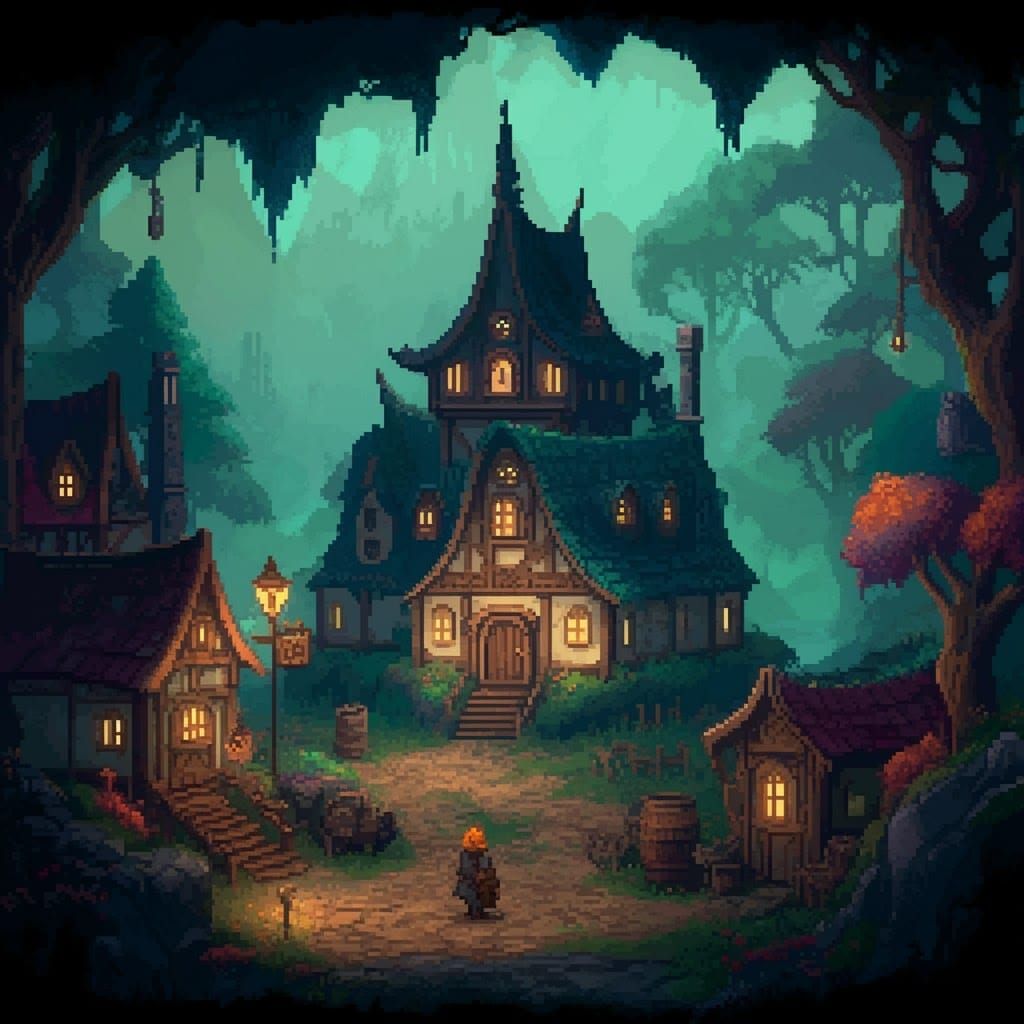 Mystical Fantasy Village in Pixel Art Style