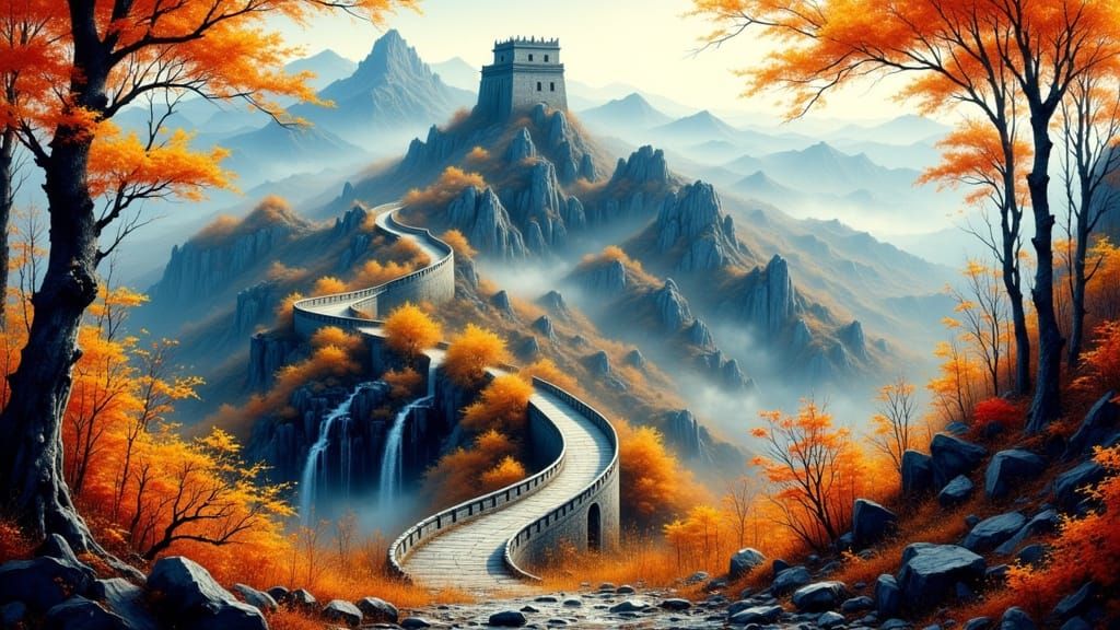 Great Wall Winding Through Autumn Forest in Digital Art Styl...