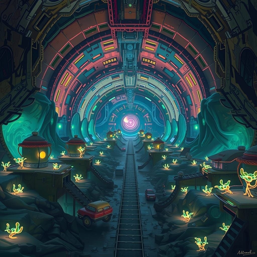 Hyperrealistic Alien Cityscape in a Futuristic Tunnel