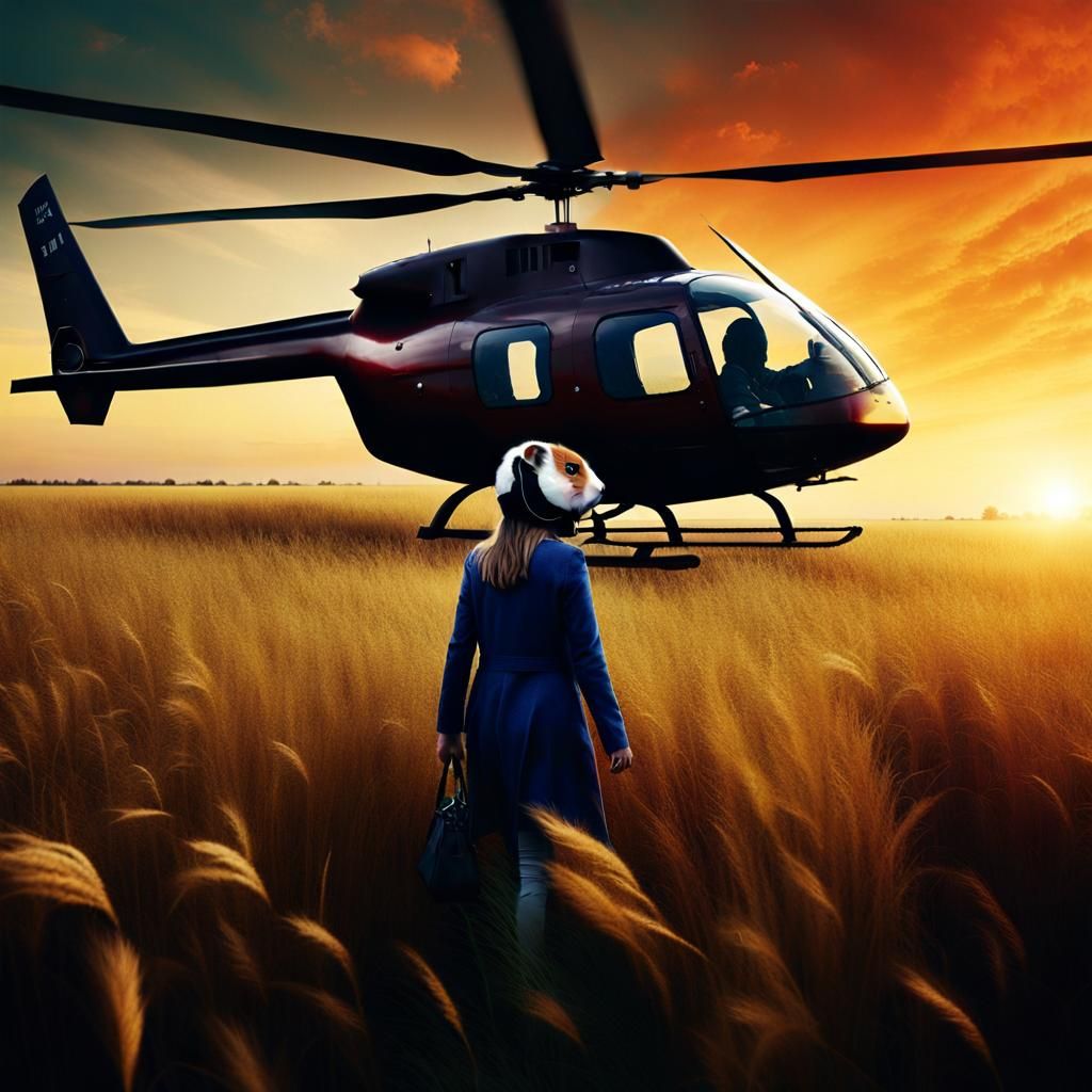 Surreal Guinea Pig Masked Woman Enters Helicopter