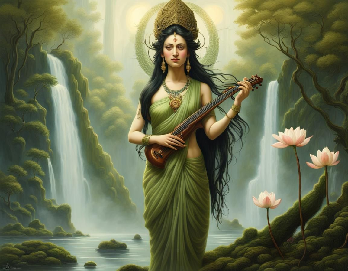 Goddess Sarasvati with Forest Background in Digital Painting
