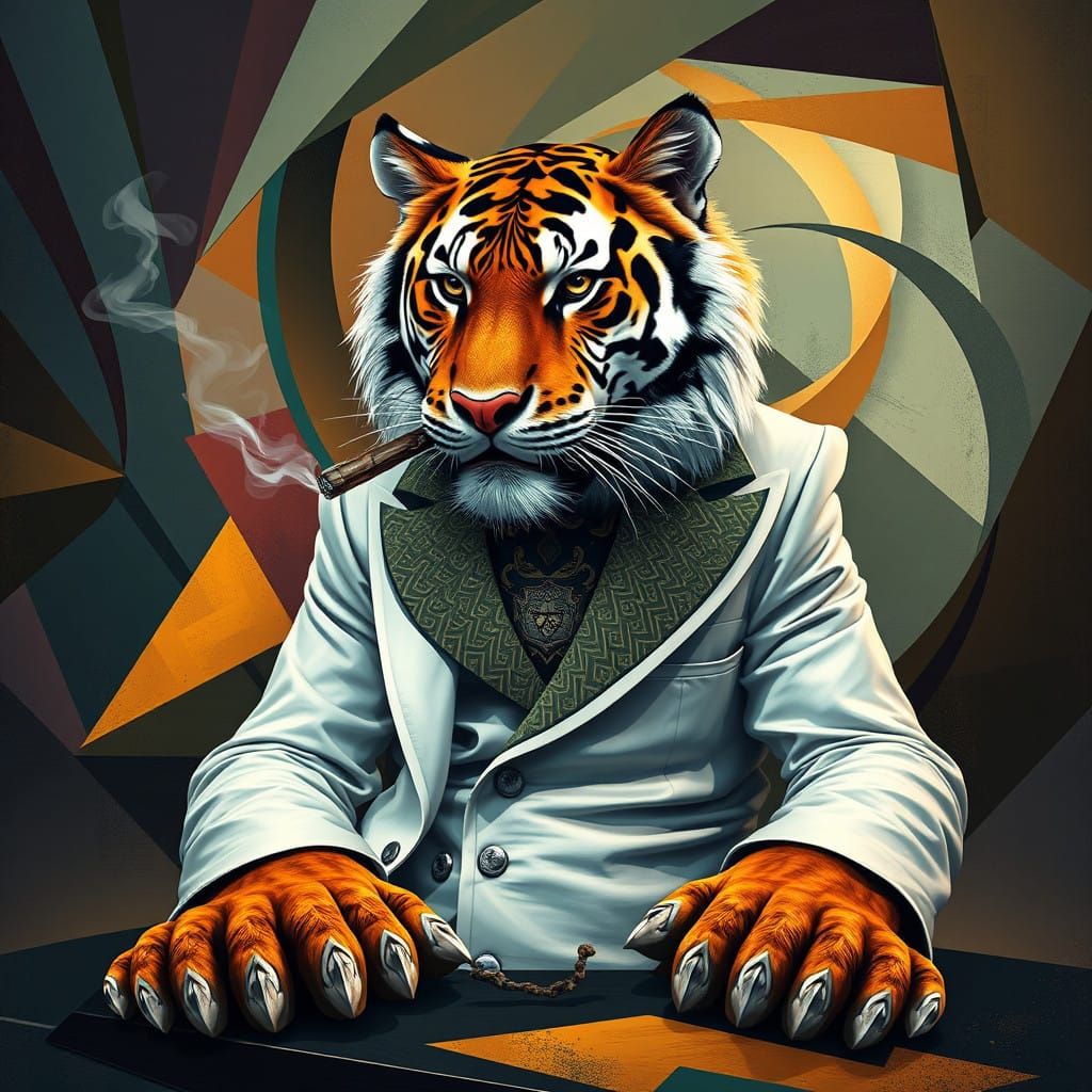 Tiger in Art Deco Jacket Smokes Cigar amidst Geometric Patte...