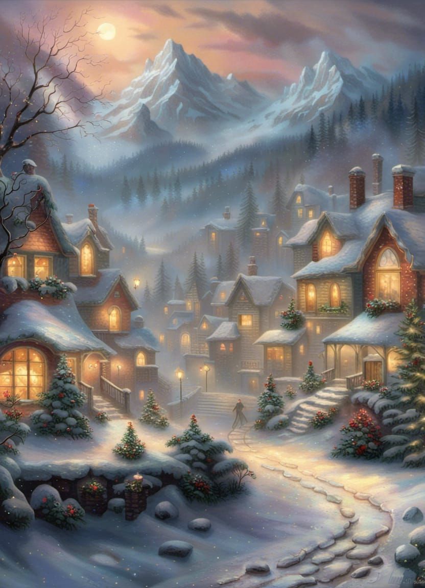 Winter Village at Night in Oil Painting Style