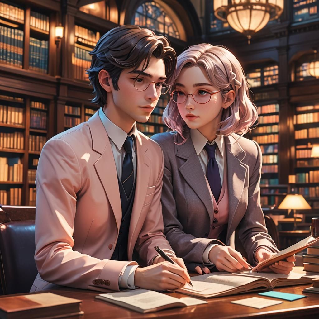 Anime Lawyer Couple in Neon New York Library