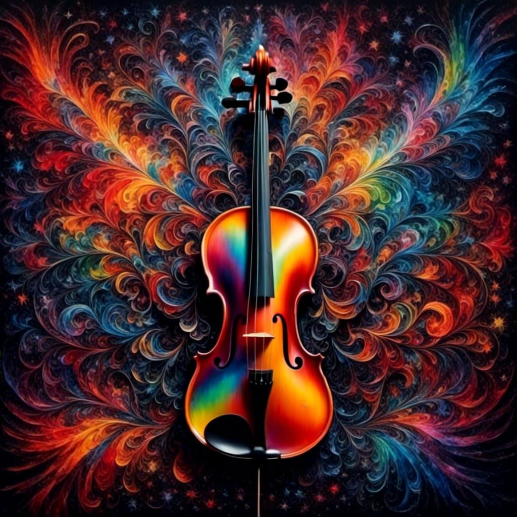 Rainbow Violin with Fractal Background