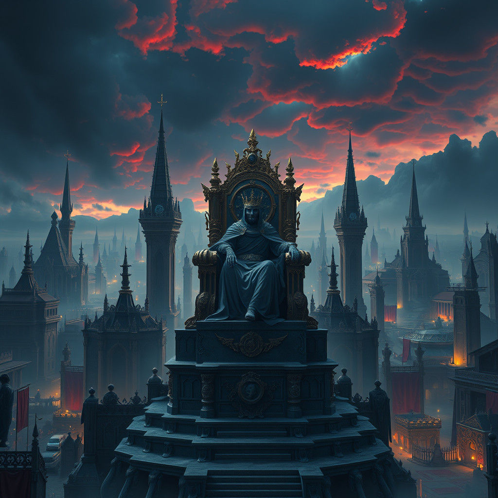 King on Throne in Mystical Metropolis