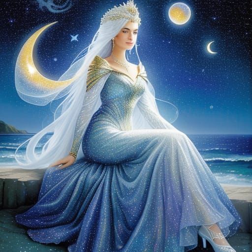Goddess of Stars and Light on Crescent Moon