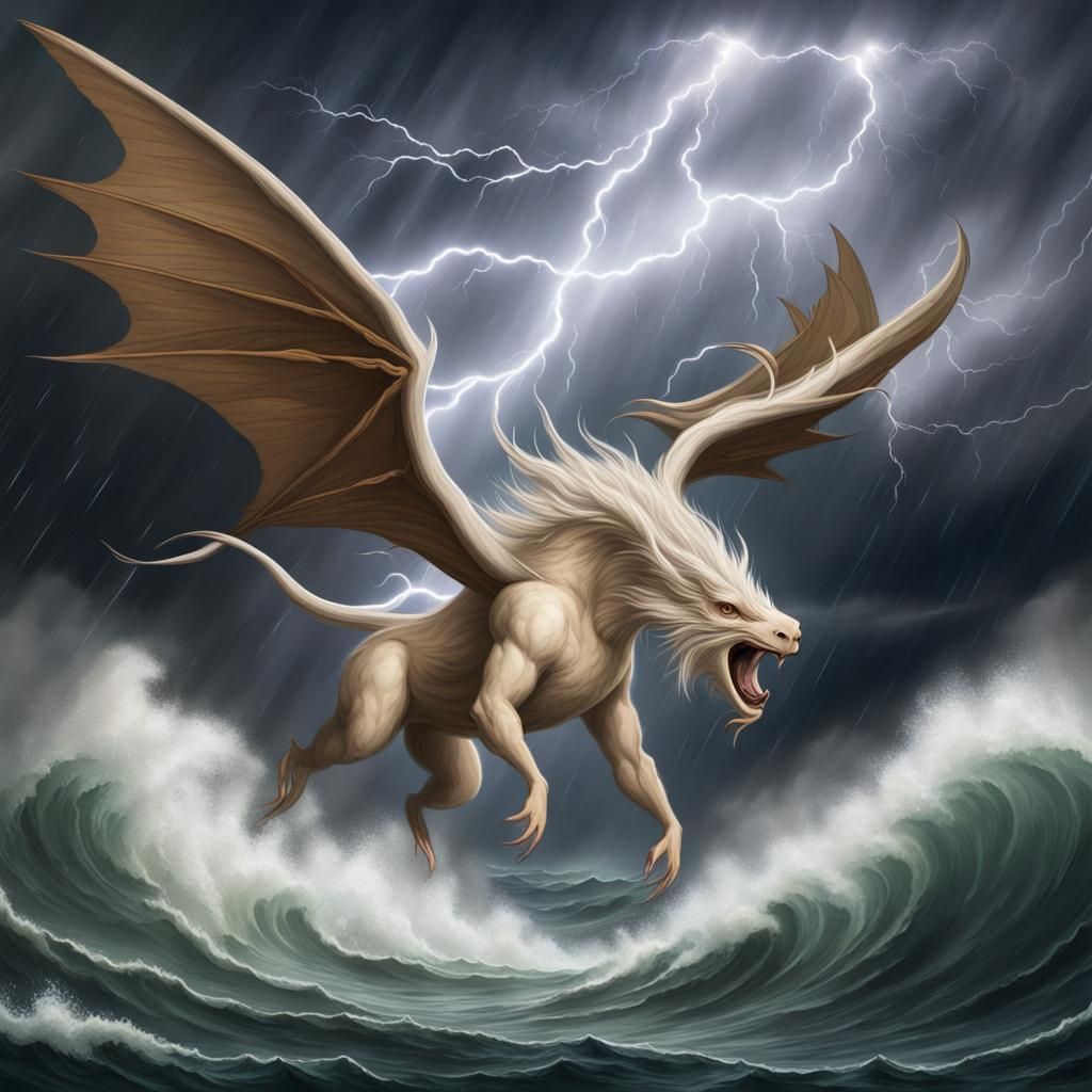 Mythical Creature Commanding Storms and Waves