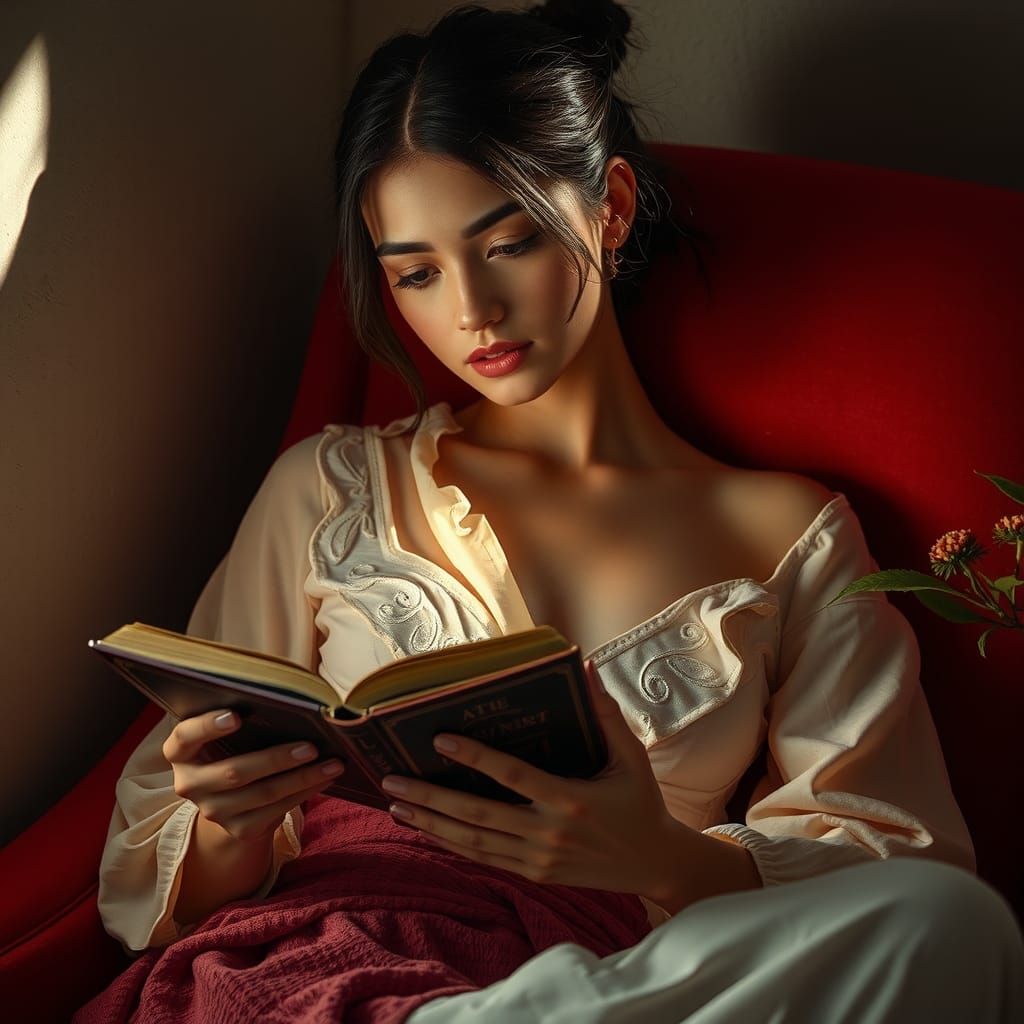 Hyperrealistic Woman Reading in Armchair