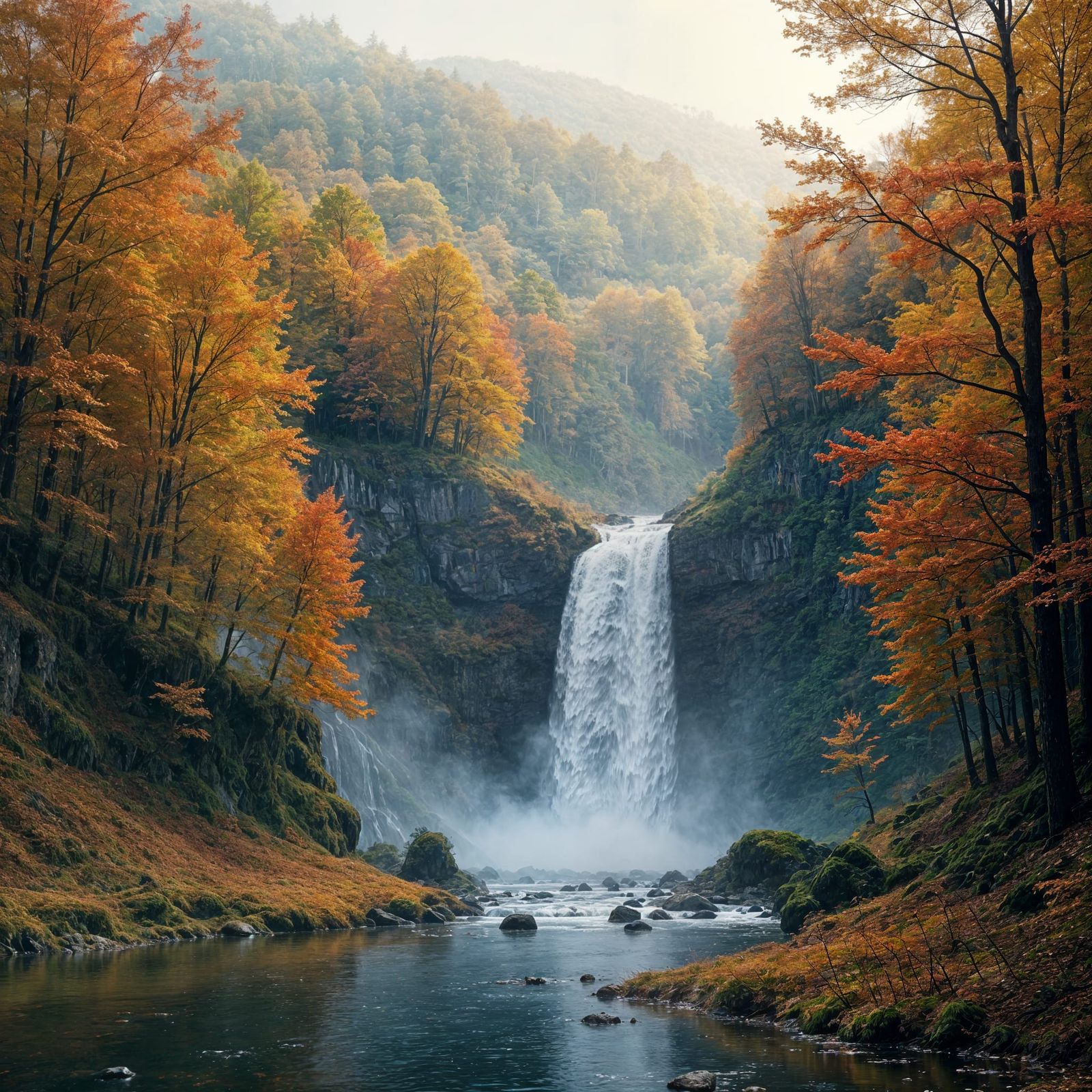 Photorealistic Autumn Waterfall in Forest Landscape