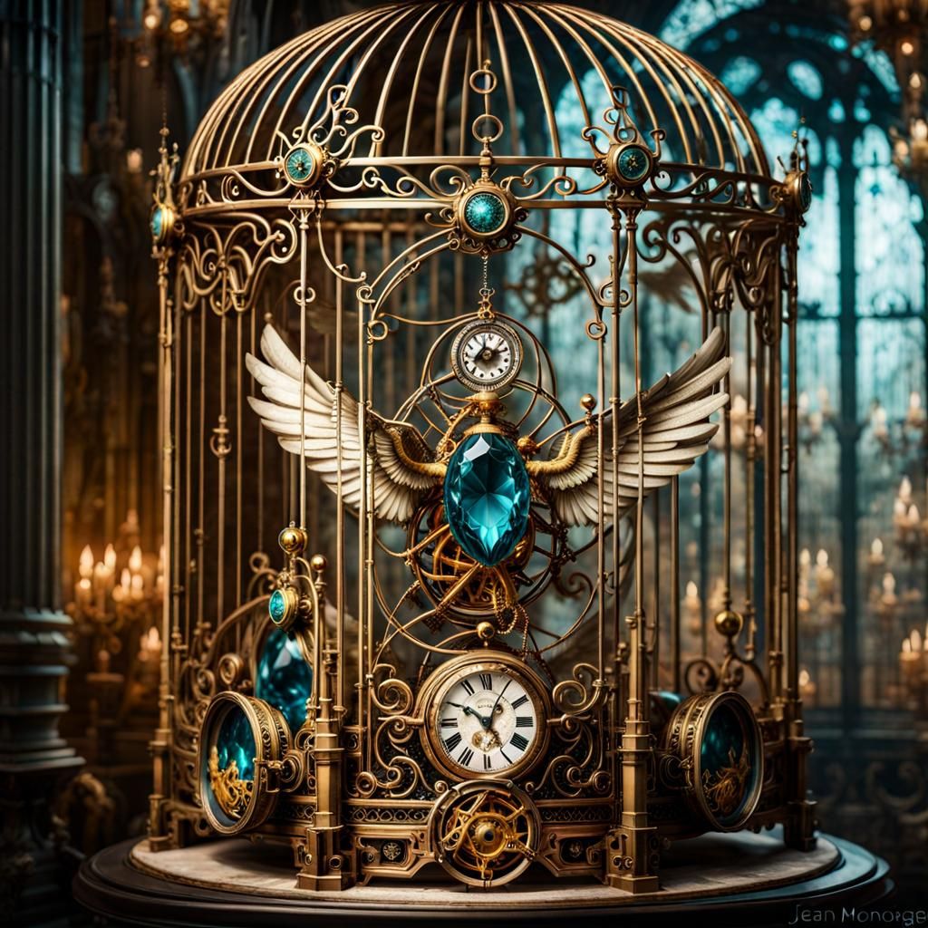 Gemstone Angel in Clockwork Cage, Fantasycore Art