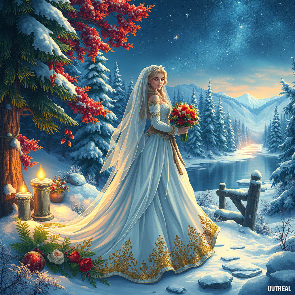 Santa's Bride in Winter Forest, Digital Art