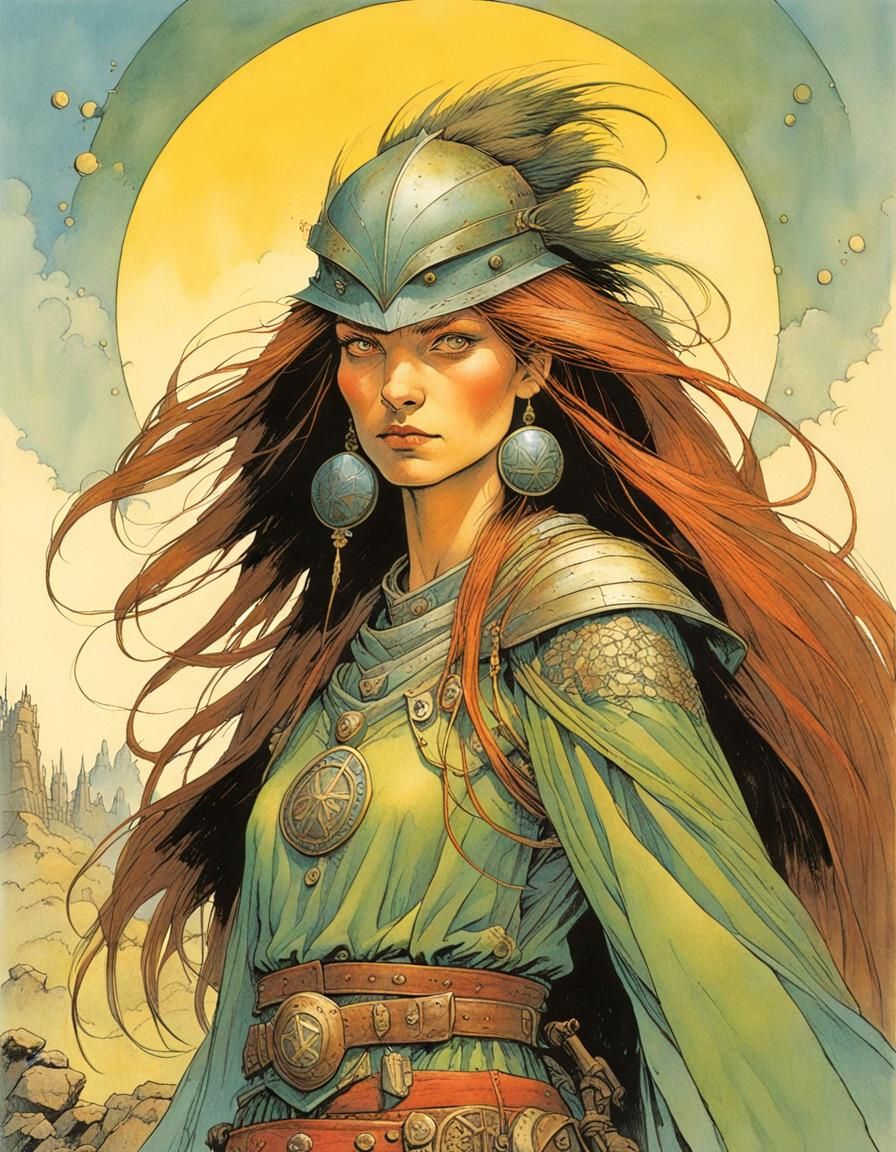 Warrior Princess Portrait on Battlefield in Comic Style