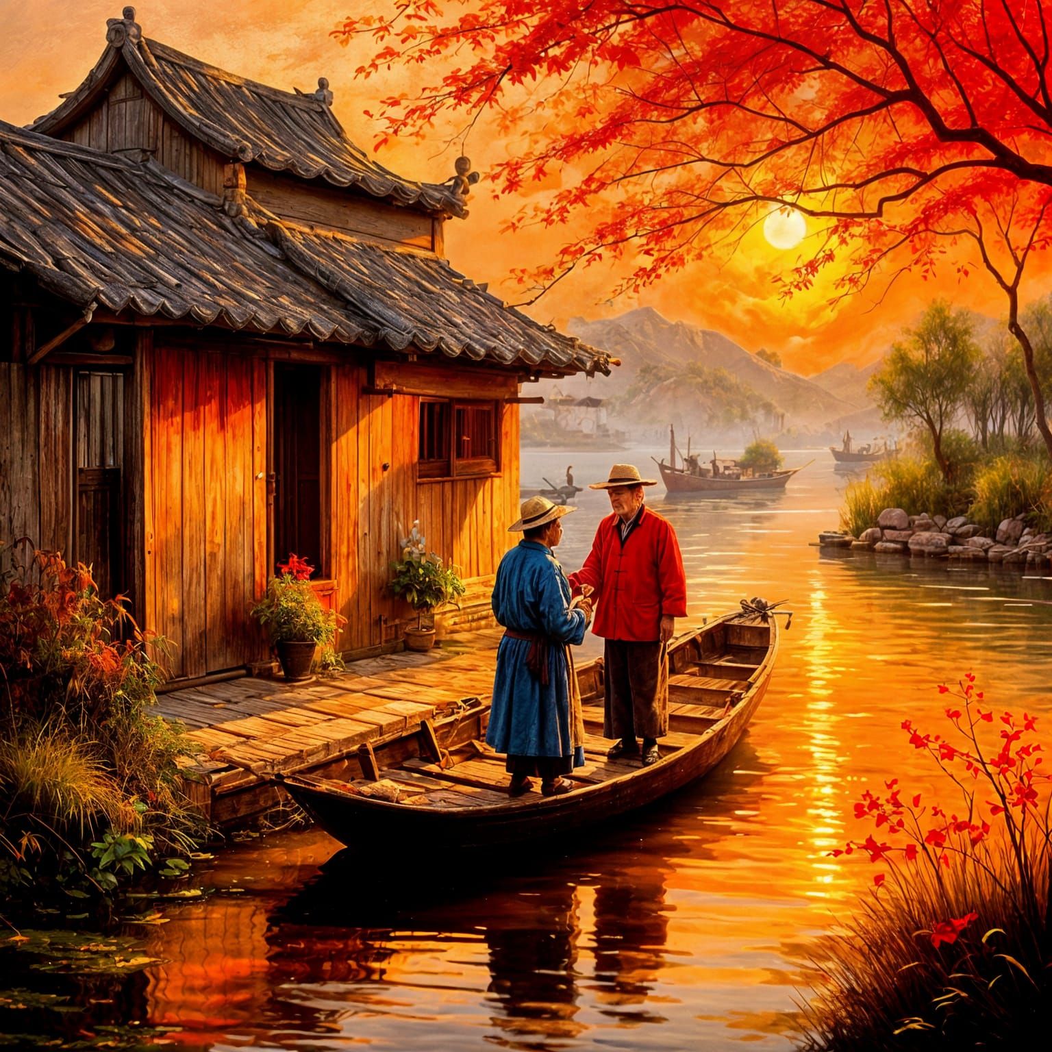Emotional Farewell Oil Painting of Elderly Fisherman and Wif...