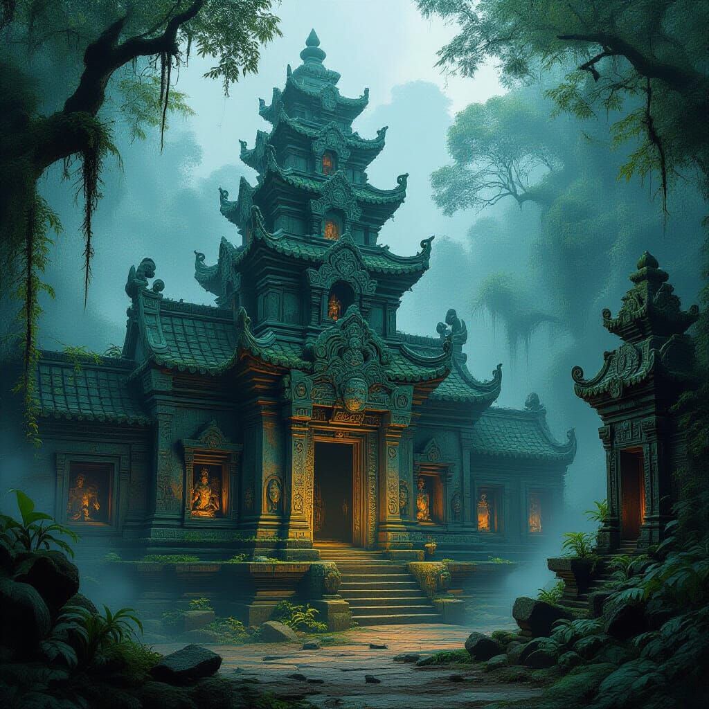 Mysterious Jade Monkey Temple in Misty Jungle
