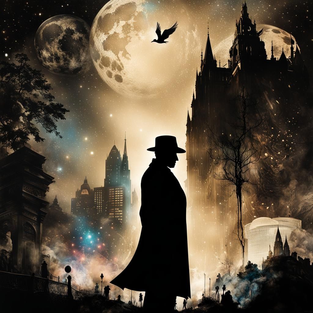 Noir Silhouette Double Exposure in Ethereal Fantasy Style