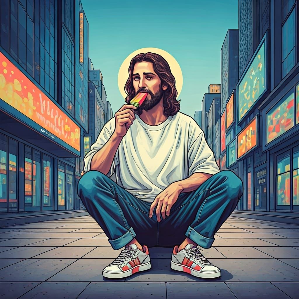 Jesus Eating a Popsicle in City, Pop Surrealism
