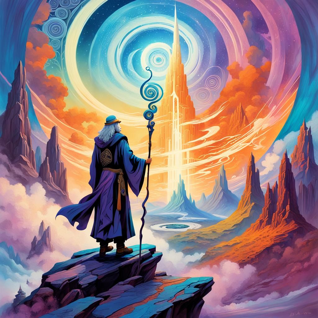 Mystical Wizard on Mountain in Detailed Matte Painting