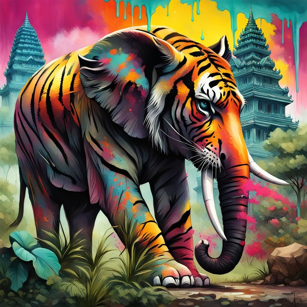 Cambodian Tiger and Overgrown Temple in Graffiti Style