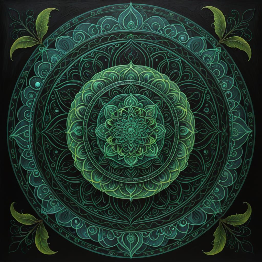 A circle within a circle, pagan, design, 4 corners, Earth Air Fire and Water. Earth is represented with lush green folia...