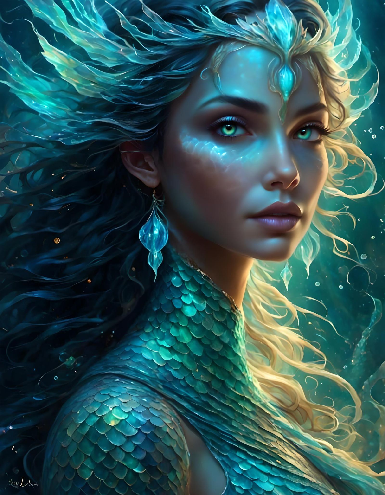 Ethereal mermaid, center stage, aquamarine scales, biolumine...