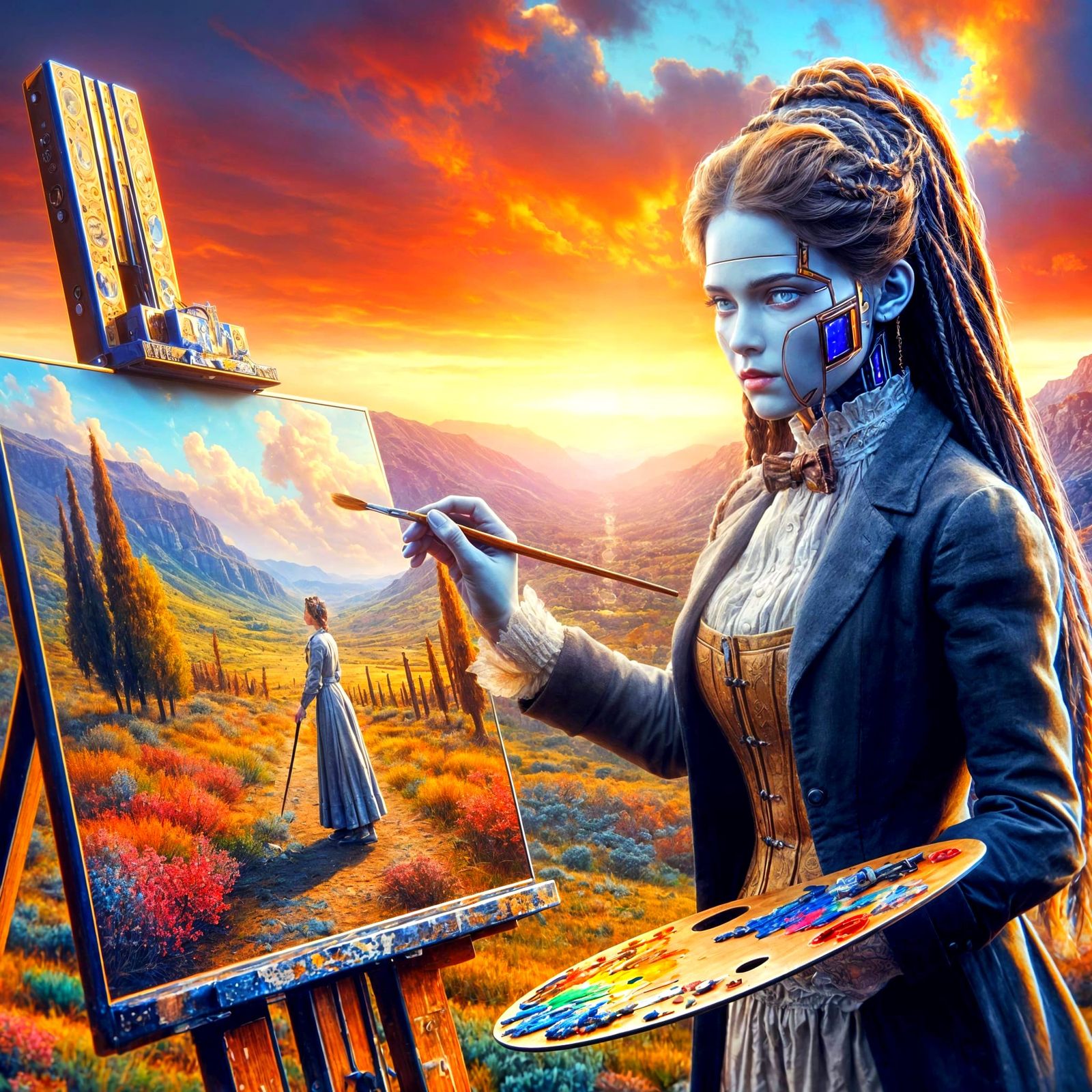 Victorian Android Vampire Painter in Autumn Landscape