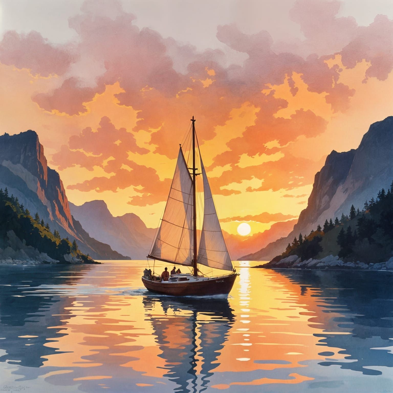 Sailboat Glides Across Bay at Dusk in Watercolor Style