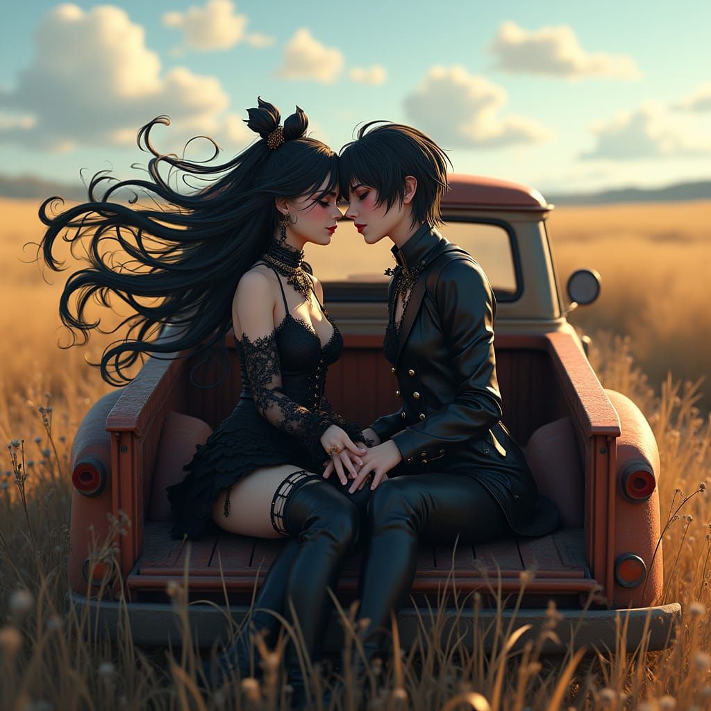 Goth Couple Radiating Joy in Anime Style