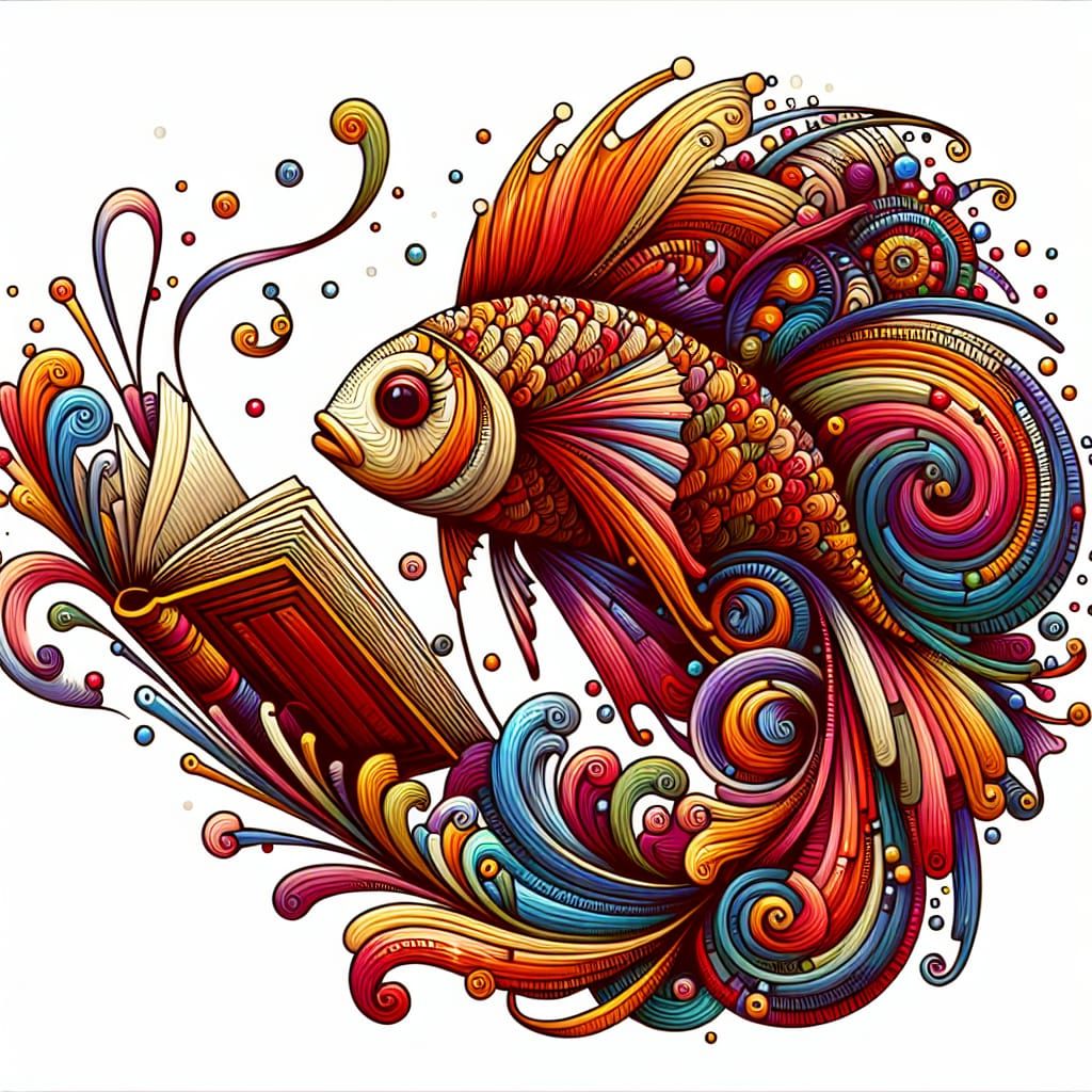 Fish Reading a Book in Colorful Ink Drawing Style