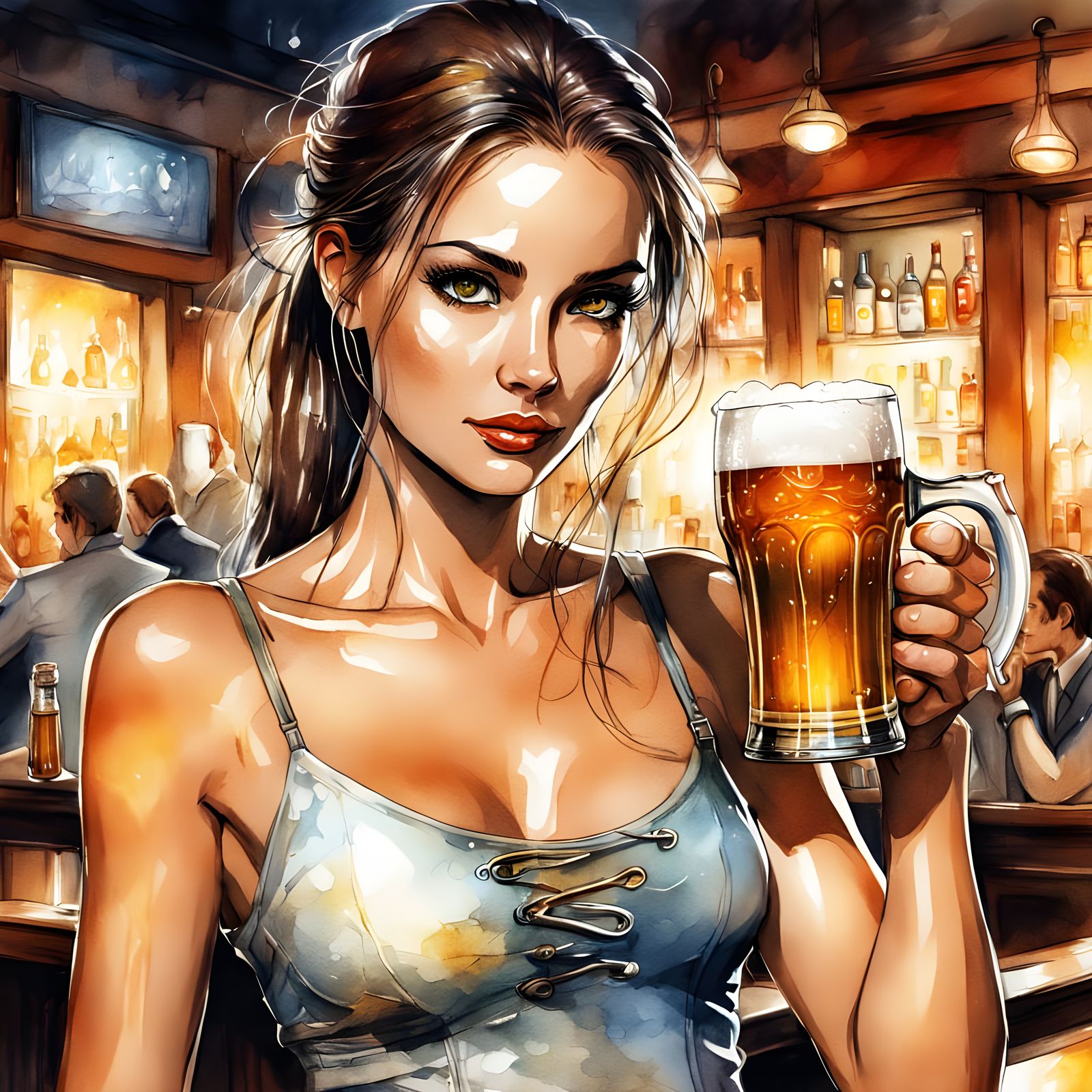Humorous Cartoon Girl in Bar with Beer