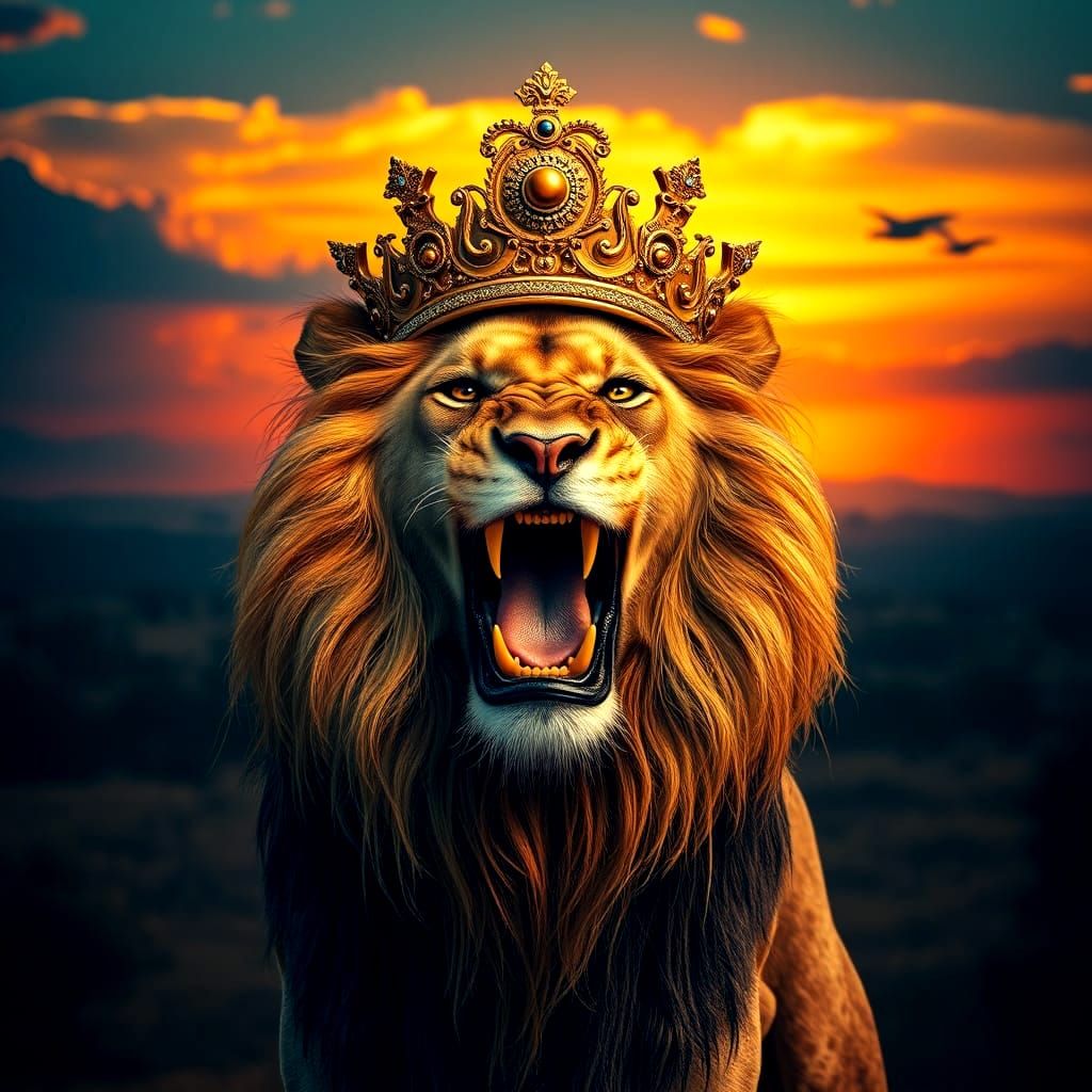 Majestic Lion Roars in Crowned Savannah Portrait