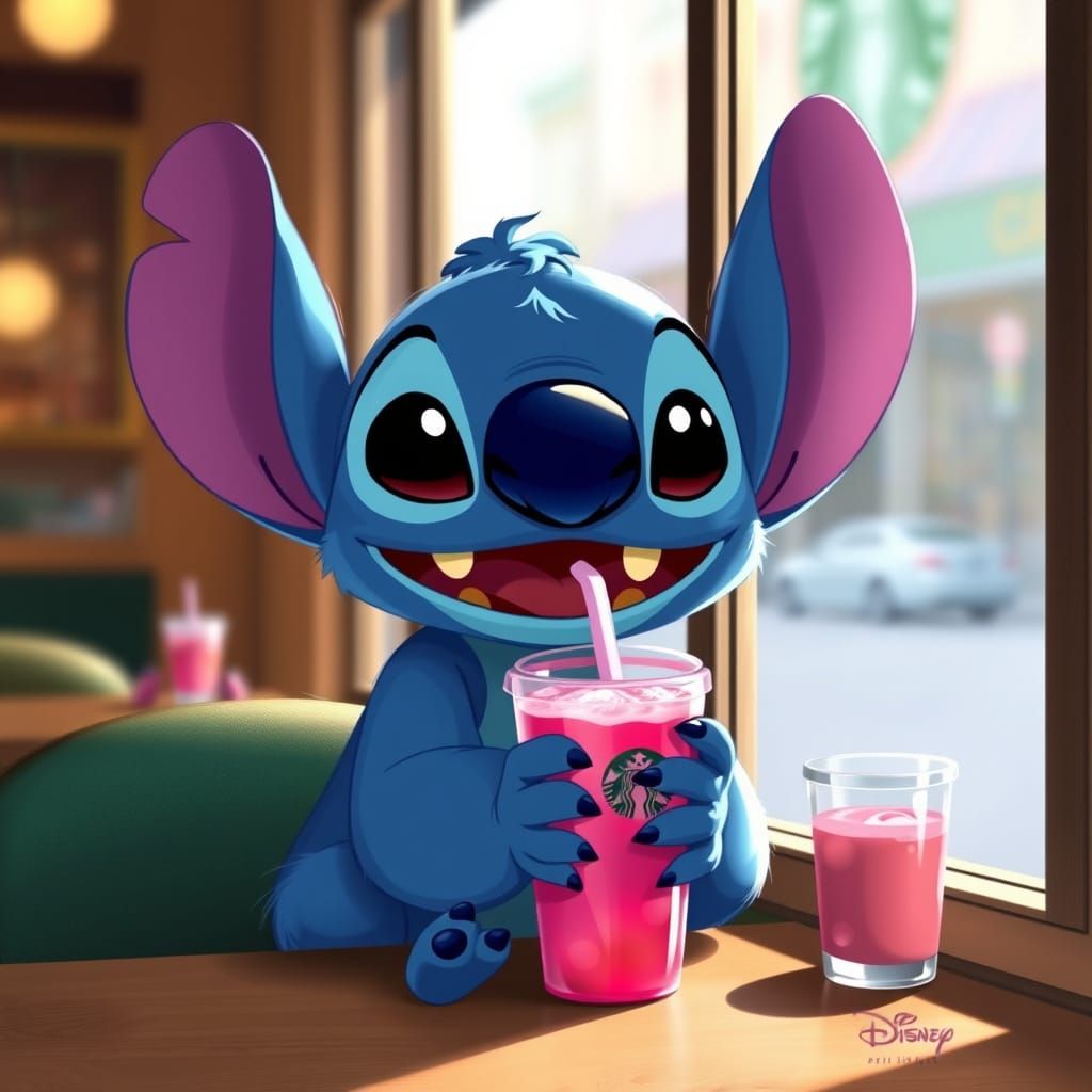 Stitch Enjoys Pink Drink at Starbucks Cafe