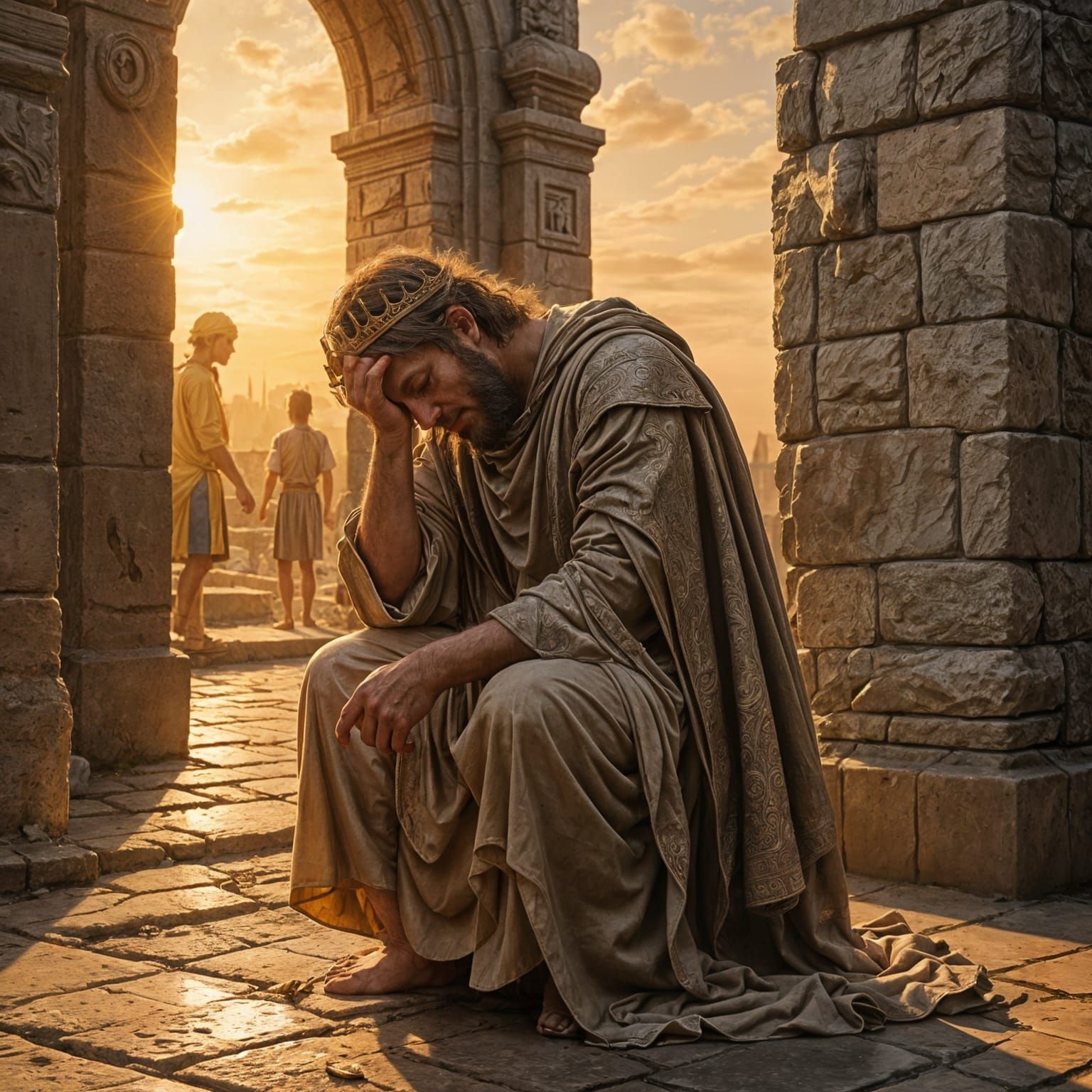 King David Mourns Son's Death: Oil Painting