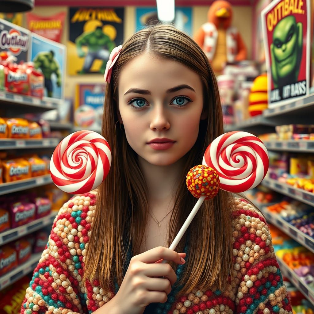 Woman in Candy Store Holding Lollipop, Photo-Realistic Style