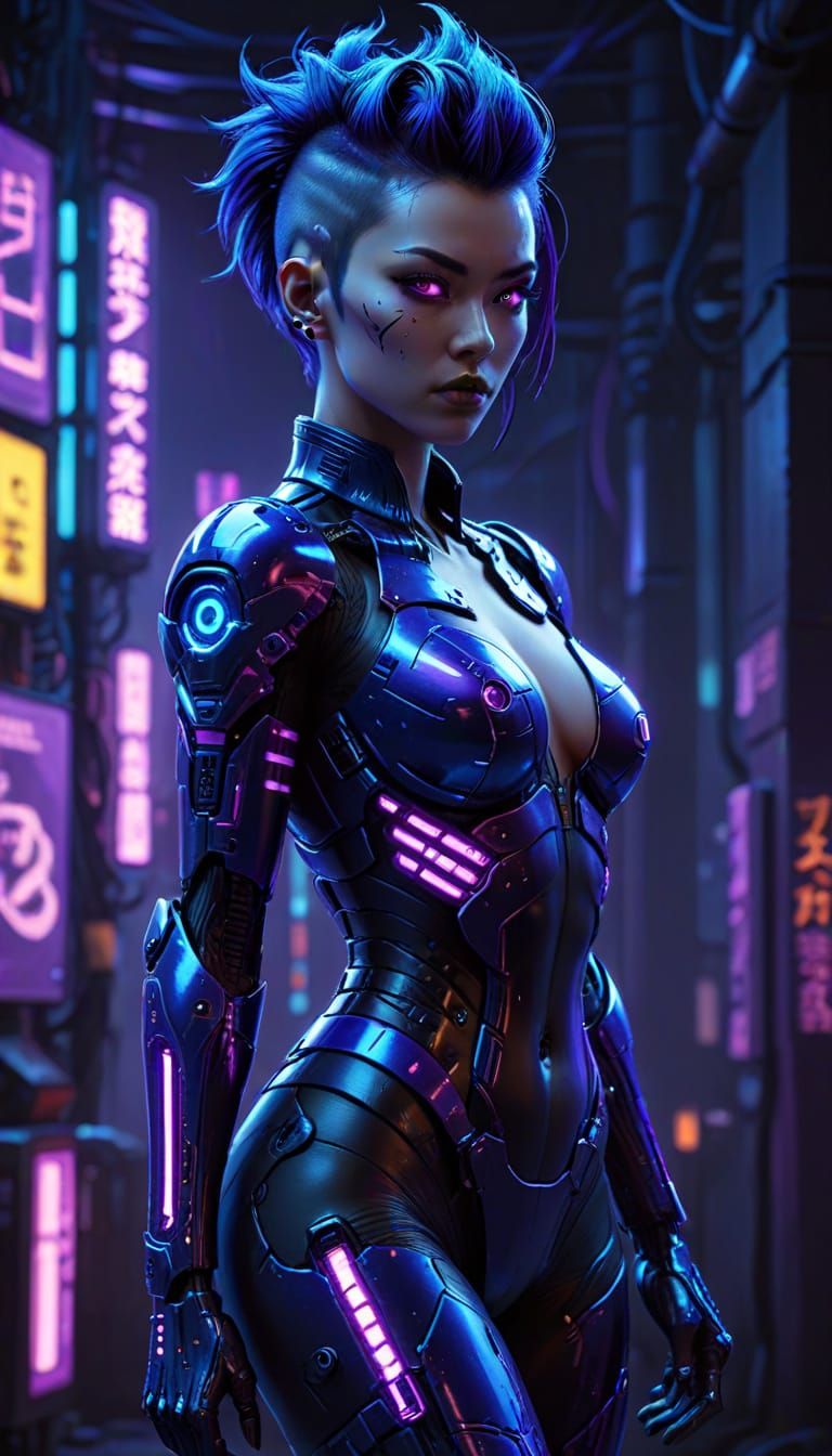 Cyberpunk Gynoid Pop Art Pinup in Electric Blue