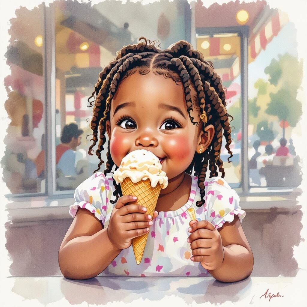 Girl's Joyful Ice Cream Dream: Watercolor Portrait